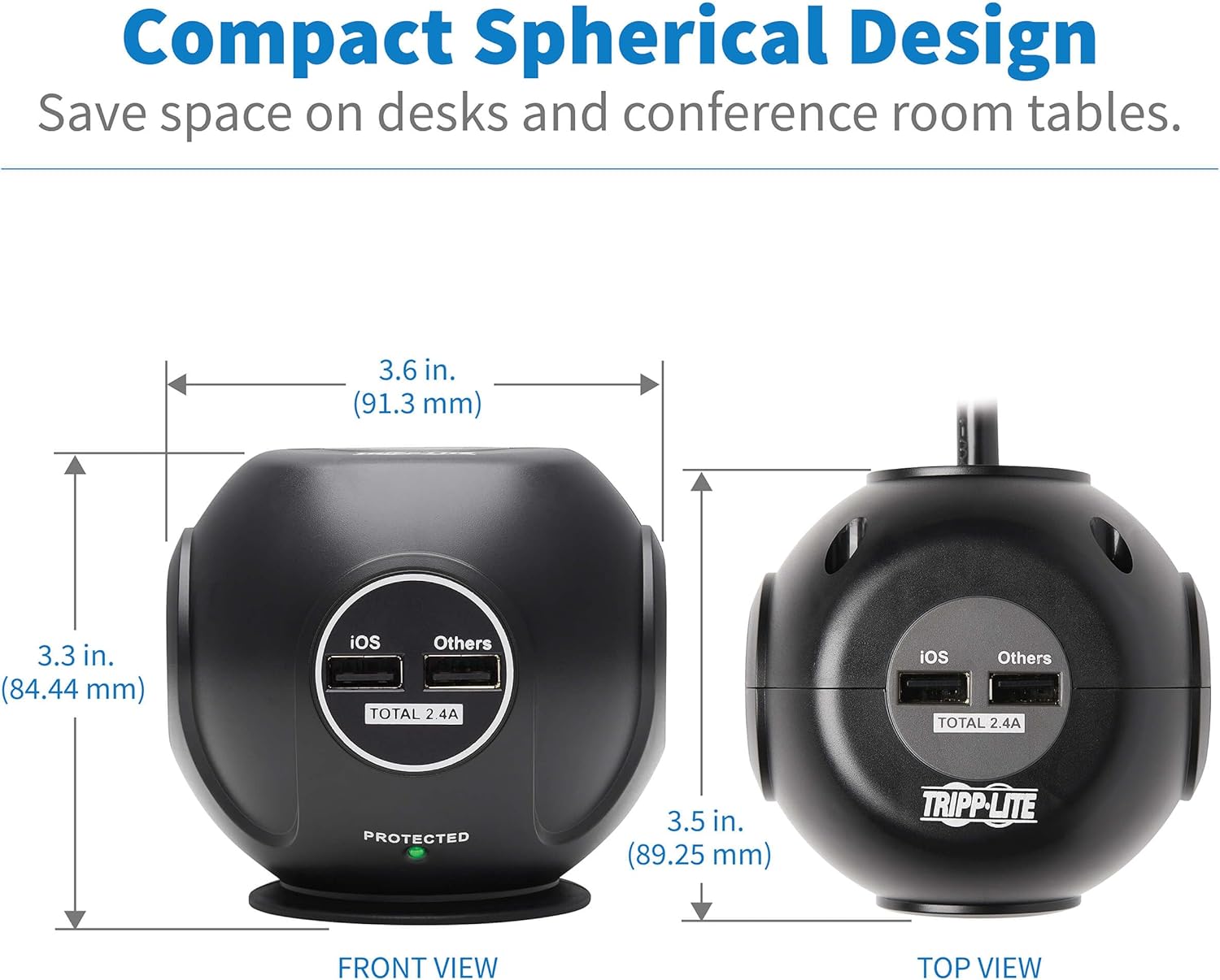 Tripp Lite Surge Protector 3-Outlet Spherical Surge Protector, 4 USB Ports (4.8A Shared) - 6-ft. (1.83 m) Cord, 5-15P Plug