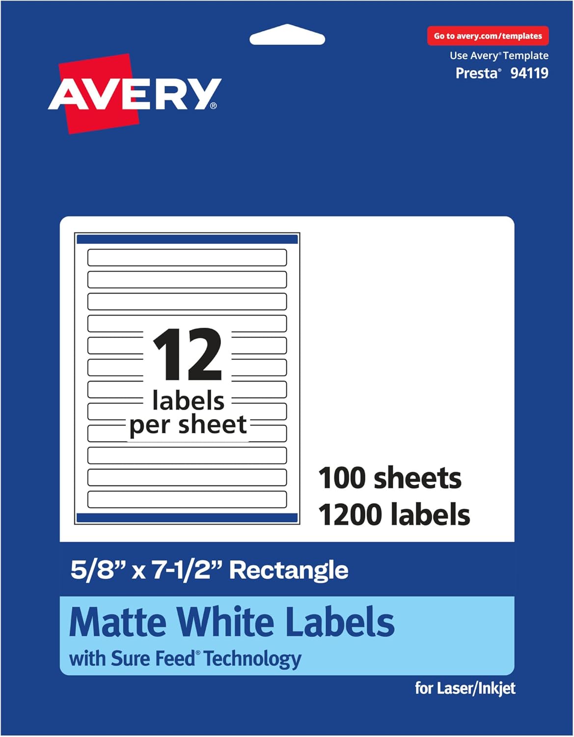 Avery Matte White Rectangle Labels, Sure Feed Technology, 5/8" x 7-1/2"