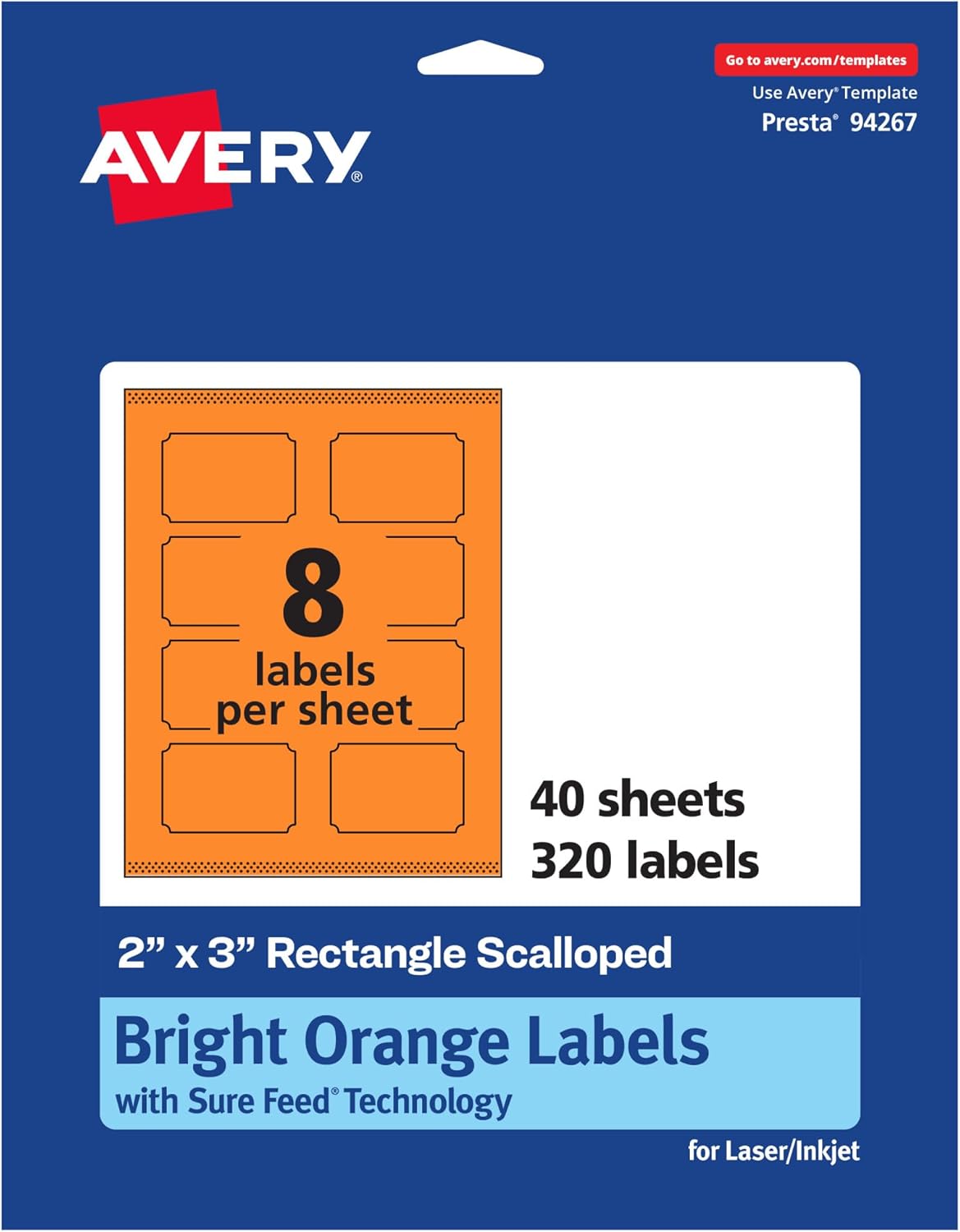 Avery Printable Rectangle Scalloped Labels, Sure Feed Technology, 2" x 3", Bright Orange, Print-to-the-Edge, Laser/Inkjet