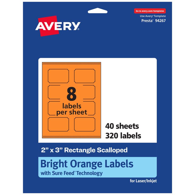 Avery Printable Rectangle Scalloped Labels, Sure Feed Technology, 2" x 3", Bright Orange, Print-to-the-Edge, Laser/Inkjet