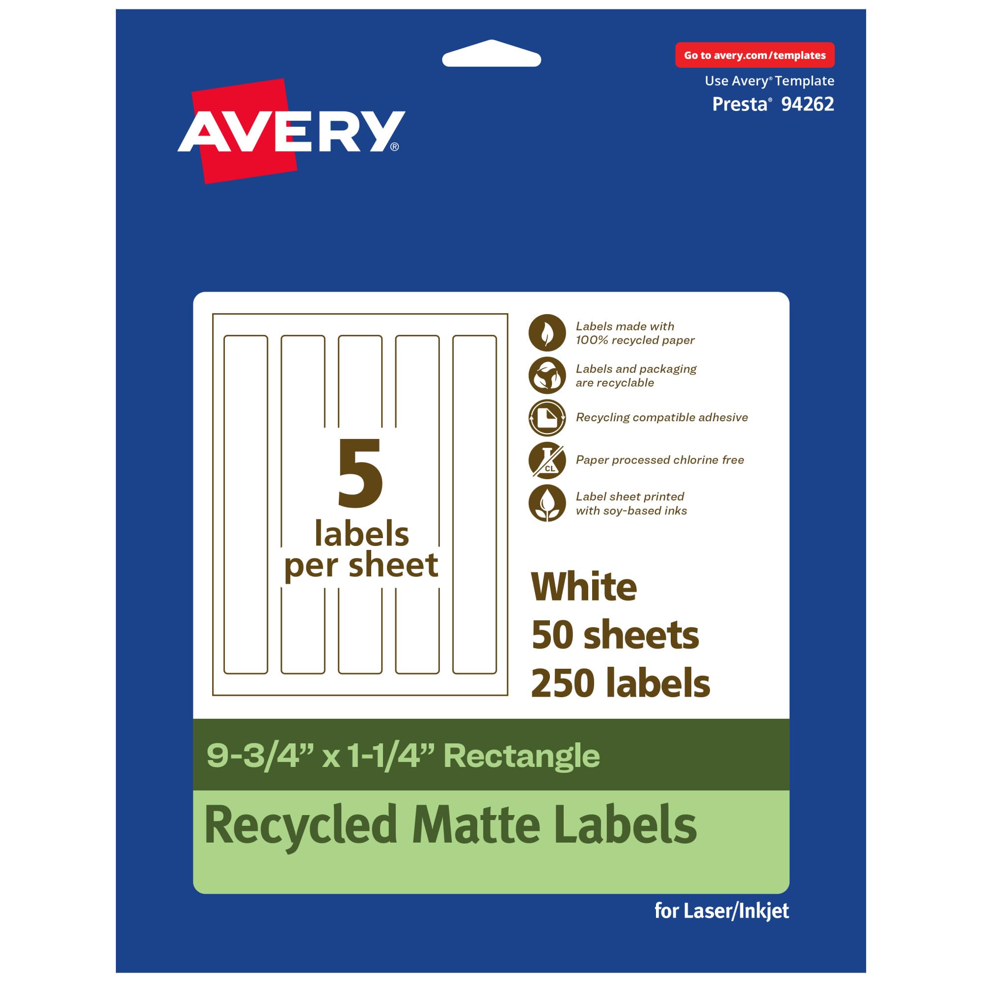 AVERY EcoFriendly Matte White Recycled Rectangle Labels, 9.75" x 1.25", Print-to-The-Edge, Permanent, Laser/Inkjet Printable