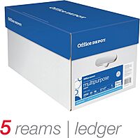 Office Depot Multi-Use Printer & Copy Paper, 5 Reams, White, Ledger (11in x 17in), 2500 Sheets Per Case, 20 Lb, 96 Brightness