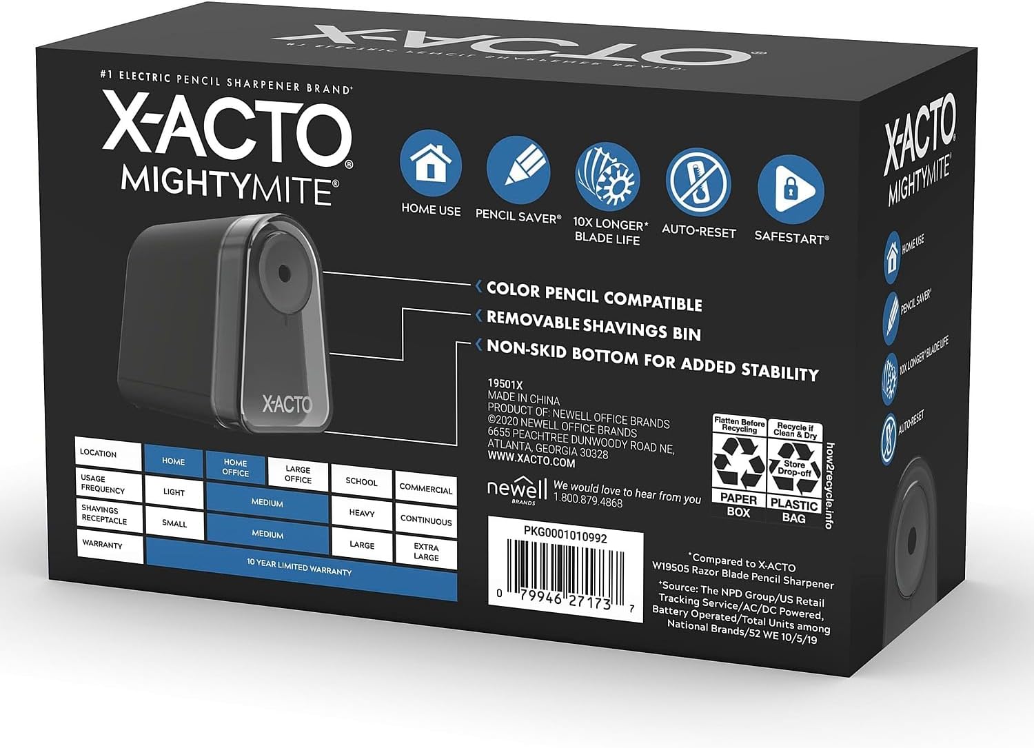 X-ACTO Pencil Sharpener, Mighty Mite Electric Pencil Sharpener, With Pencil Saver®, SafeStart® Motor, Black, 1 Count - Home