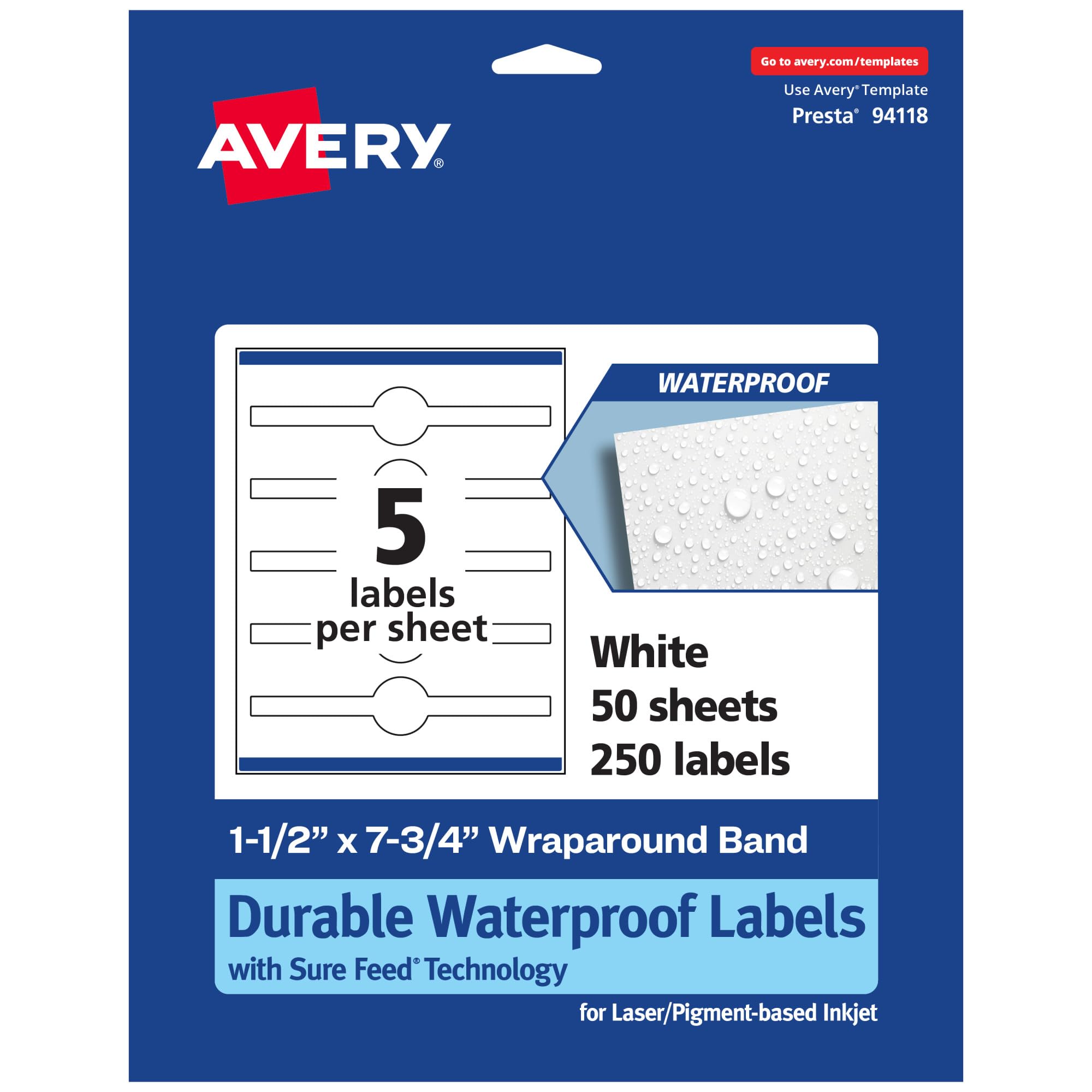 Avery Durable Waterproof Wraparound Band Labels, Sure Feed Technology, 1.5" x 7.75"