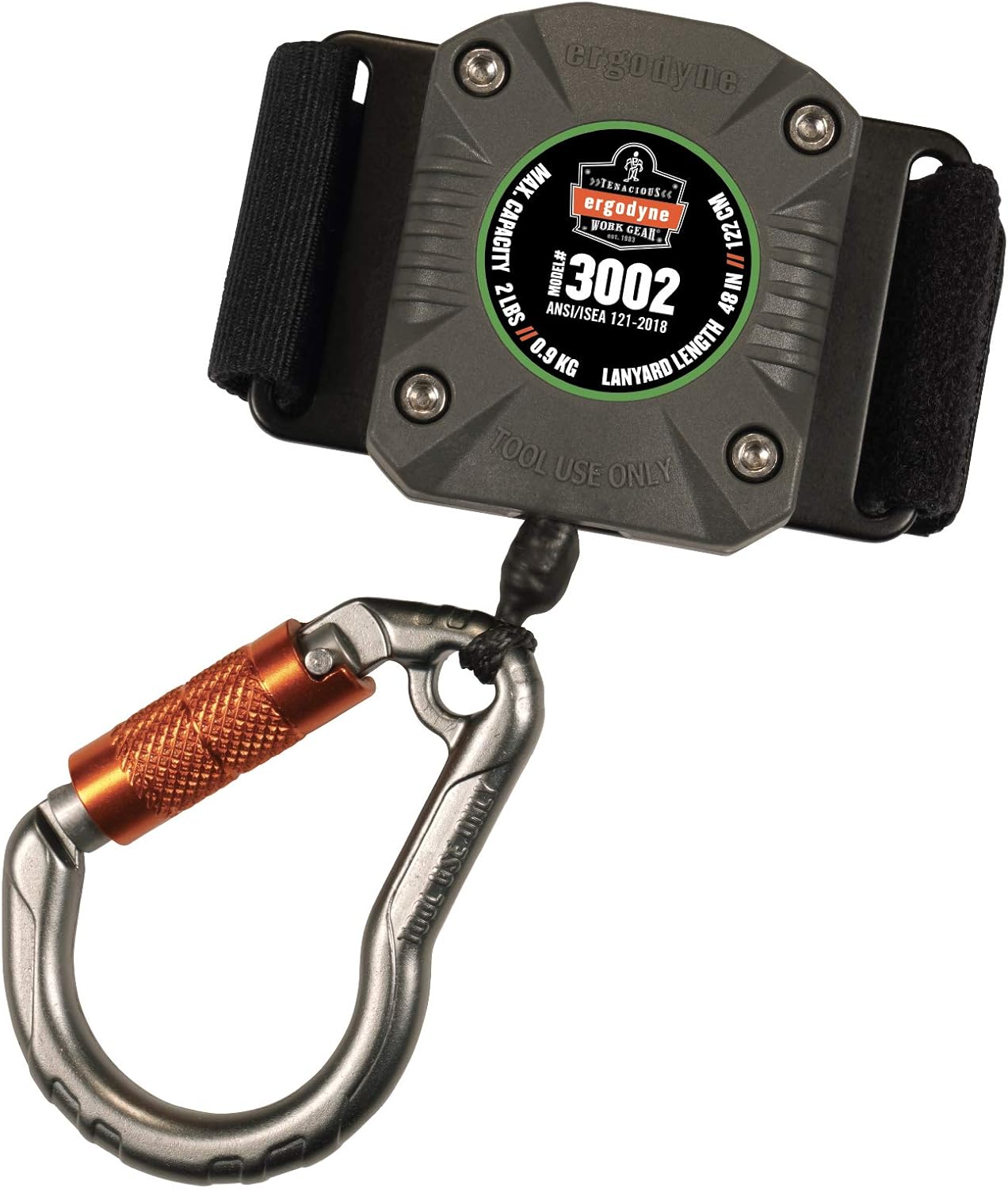 Ergodyne Squids 3002 Retractable Tool Lanyard with Locking Carabiner, Straps to Attach to Belt or Harness, Gray, Standard