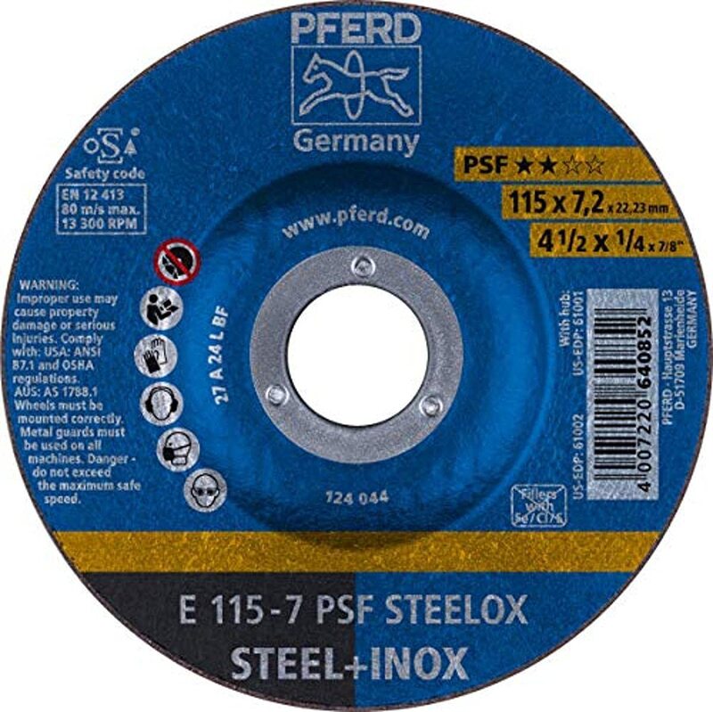4-1/2" x 1/4" Grinding Wheel, 7/8" AH A 24 L PSF-INOX - Type 27