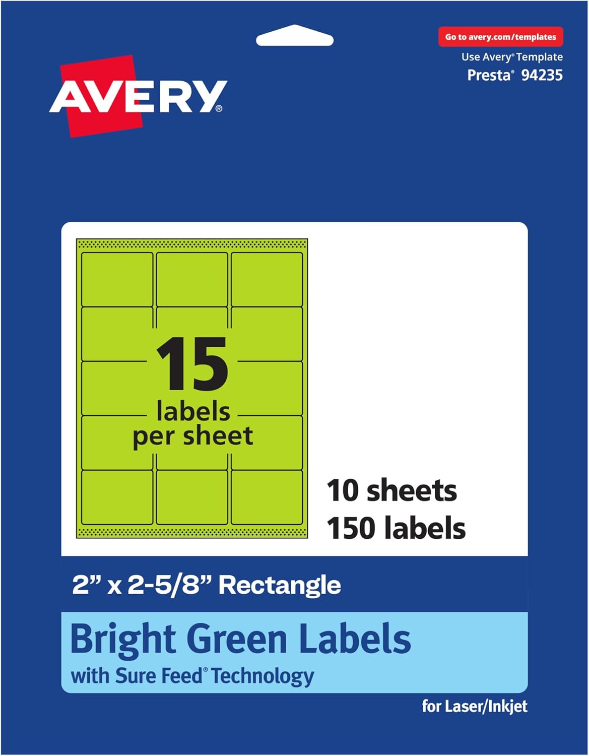 Avery Printable Rectangle Labels, Sure Feed Technology, 2" x 2-5/8", Bright Green, Laser/Inkjet Printable