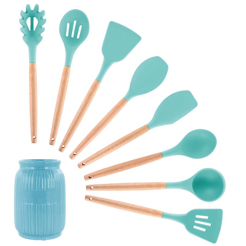 MegaChef 9-Piece Silicone and Wood Utensil Set with Ceramic Holder