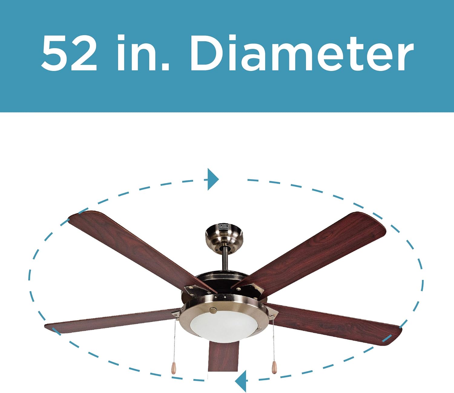 Black+Decker BCF5211 52-Inch 5-Bladed Pull Chain Brushed Nickel Ceiling Fan - 5 Blades - 52in Diameter - 3 Speed