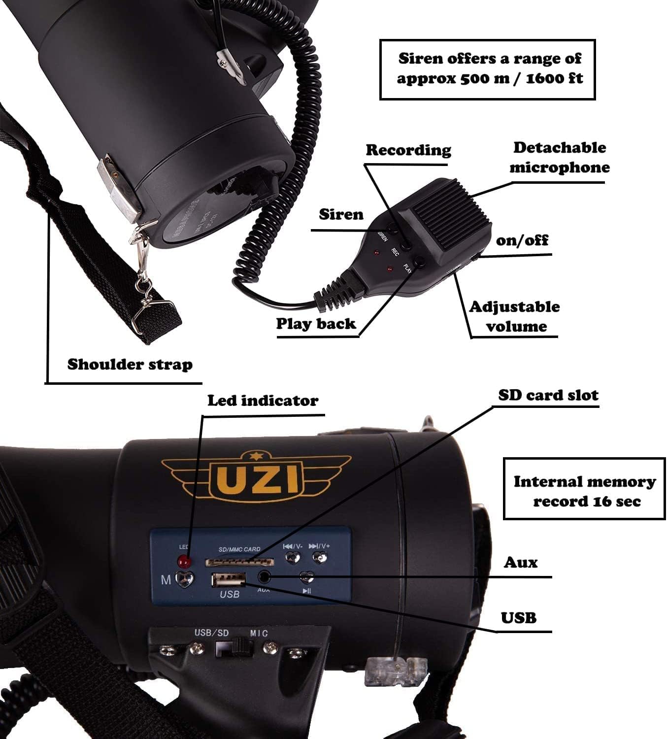 Uzi High Power Loud Big Megaphone 50W, Bluetooth, Real Siren, Bullhorn, Rechargeable Battery, Portable Professional Speaker