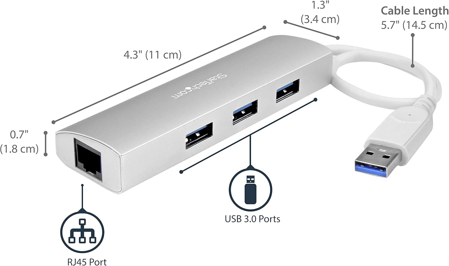 StarTech.com 3-Port USB Hub with Ethernet, 3x USB-A Ports, Gigabit Ethernet, USB 3.2 5Gbps, Bus-Powered, Portable Laptop Hub