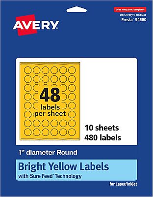 Avery Printable Round Labels, Sure Feed Technology, 1" Diameter, Bright Yellow, Print-to-The-Edge, Laser/Inkjet