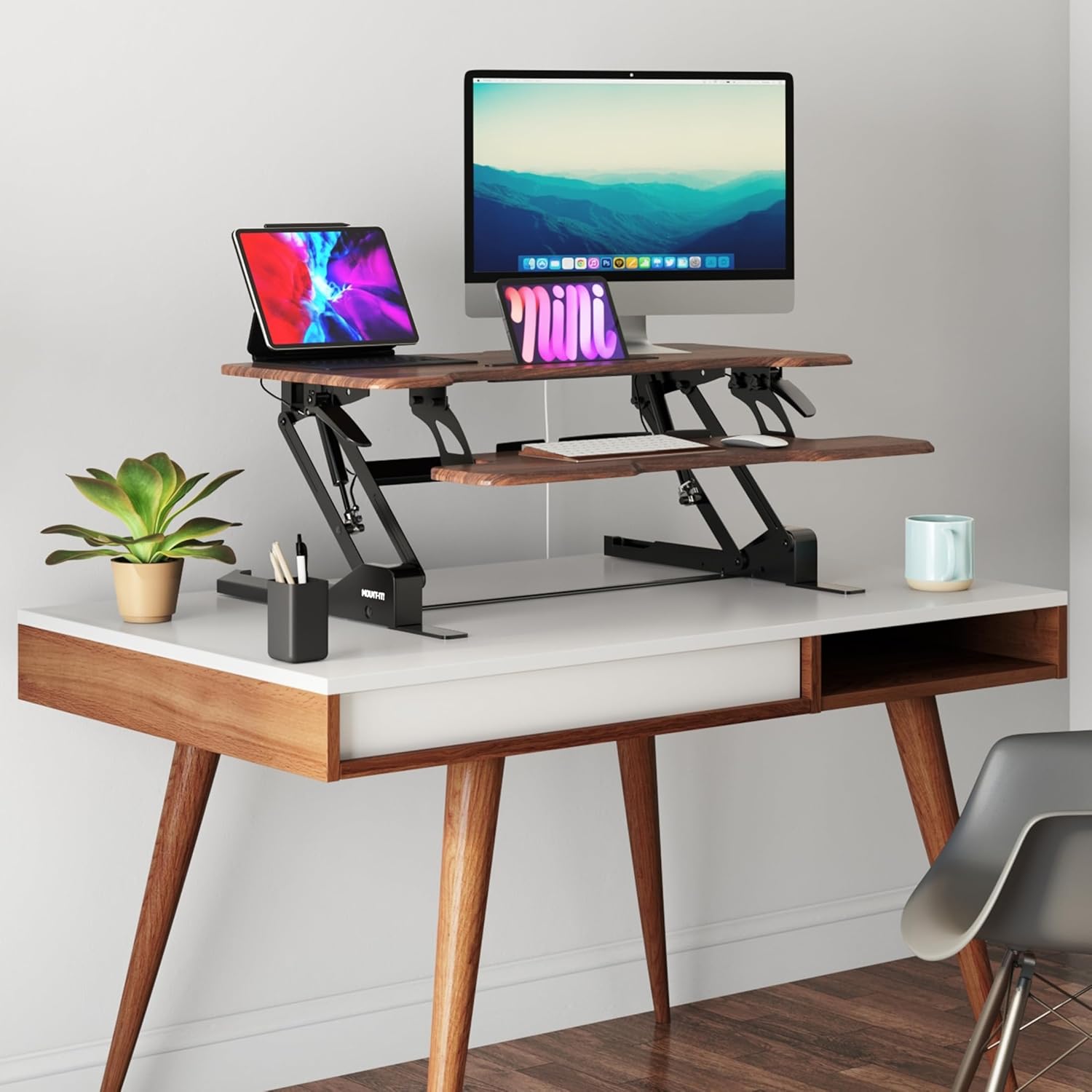 Mount-It! 38in Wide Height Adjustable Standing Desk Converter with Keyboard Tray