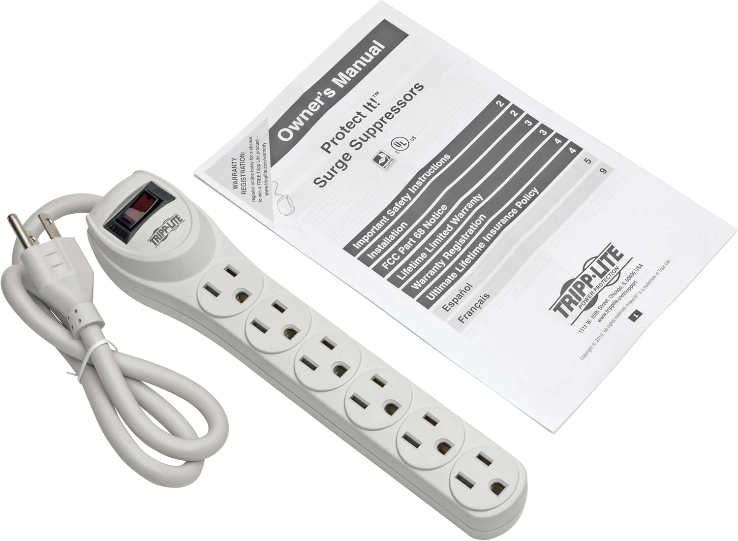 Tripp Lite Protect It! TLP602 Surge Protector 6-Outlet 180J, 2-ft Cord - White
