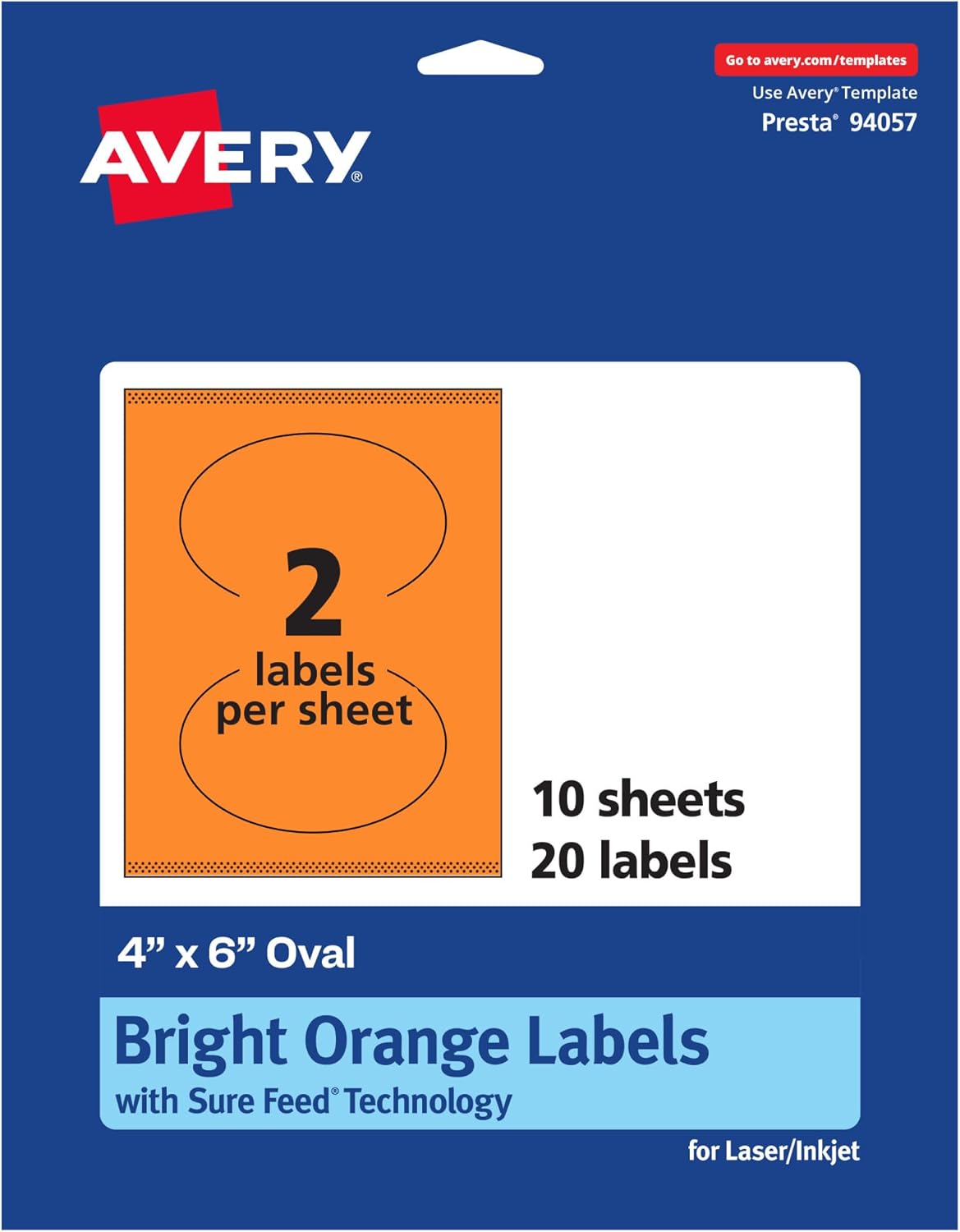 Avery Printable Oval Labels, Sure Feed Technology, 4" x 6", Bright Orange, Print-to-the-Edge, Laser/Inkjet