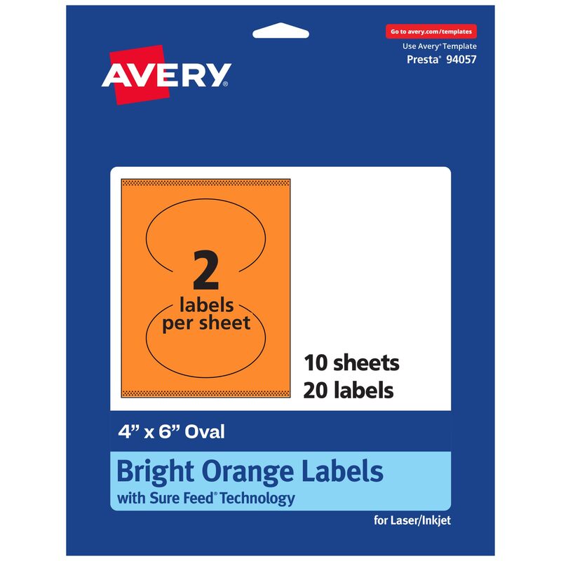 Avery Printable Oval Labels, Sure Feed Technology, 4" x 6", Bright Orange, Print-to-the-Edge, Laser/Inkjet