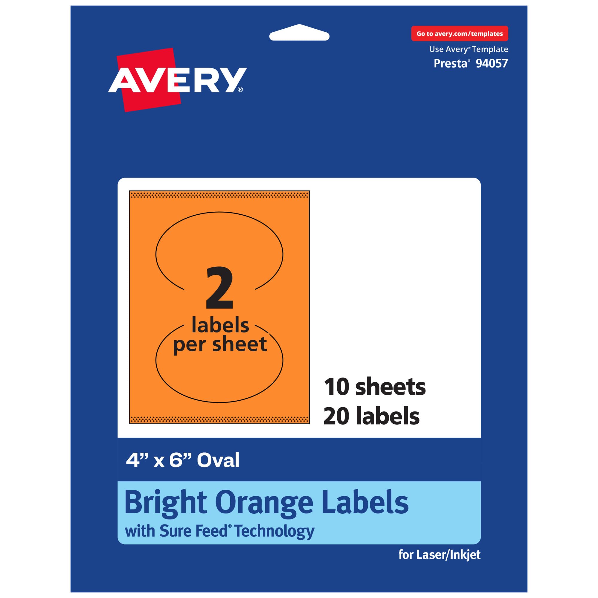 Avery Printable Oval Labels, Sure Feed Technology, 4" x 6", Bright Orange, Print-to-the-Edge, Laser/Inkjet