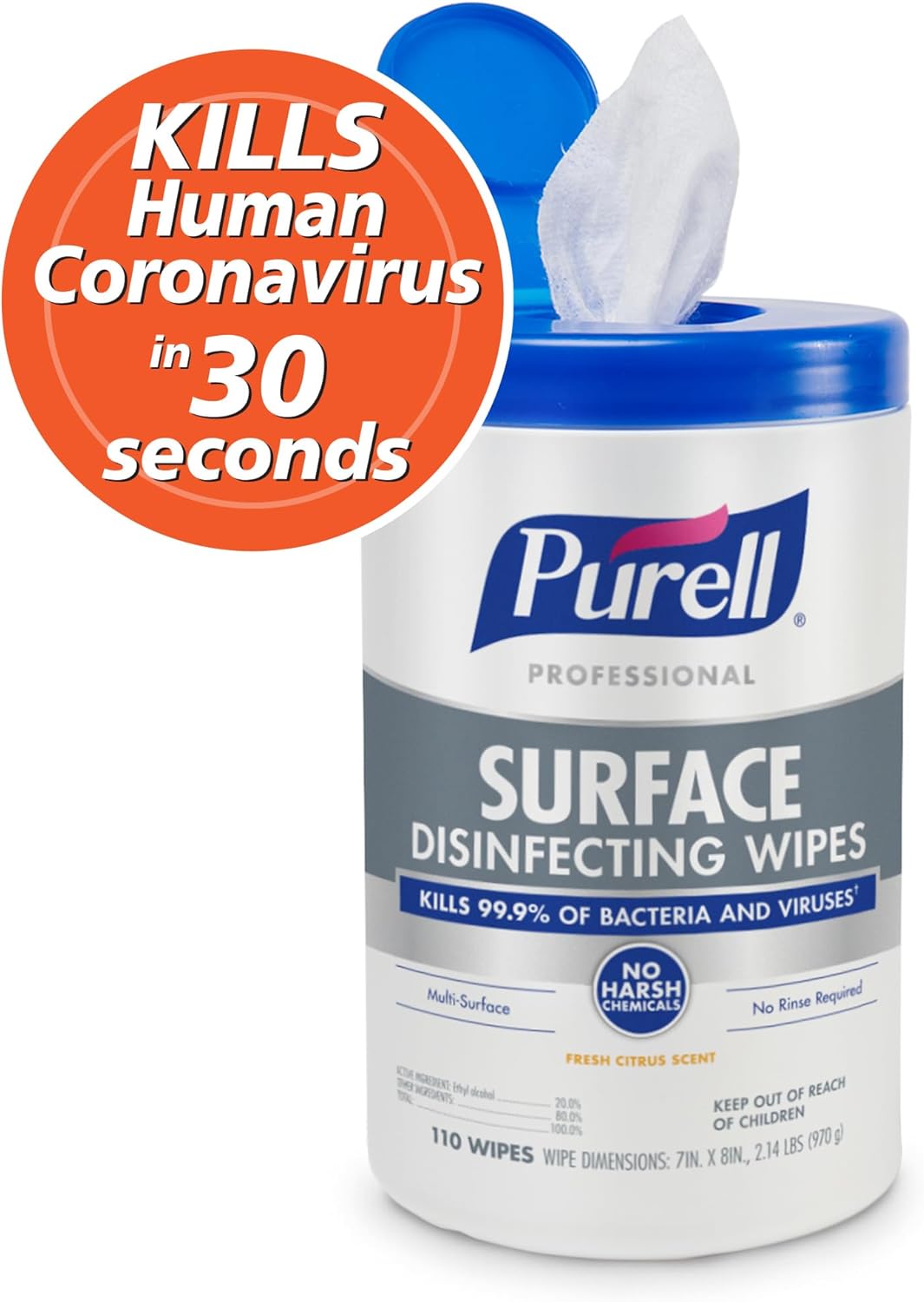 Purell Professional Surface Disinfecting Wipes, 7" x 8", 110 Wipes Per Canister