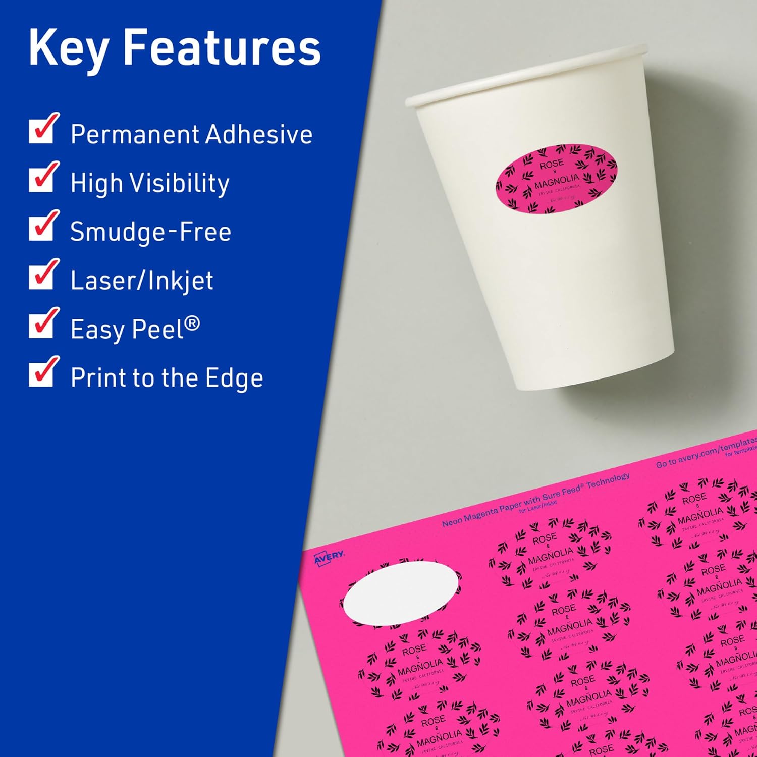 Avery Printable Oval Labels, Sure Feed Technology, 1-1/8" x 2-1/4", Neon Magenta Labels, Print-to-The-Edge