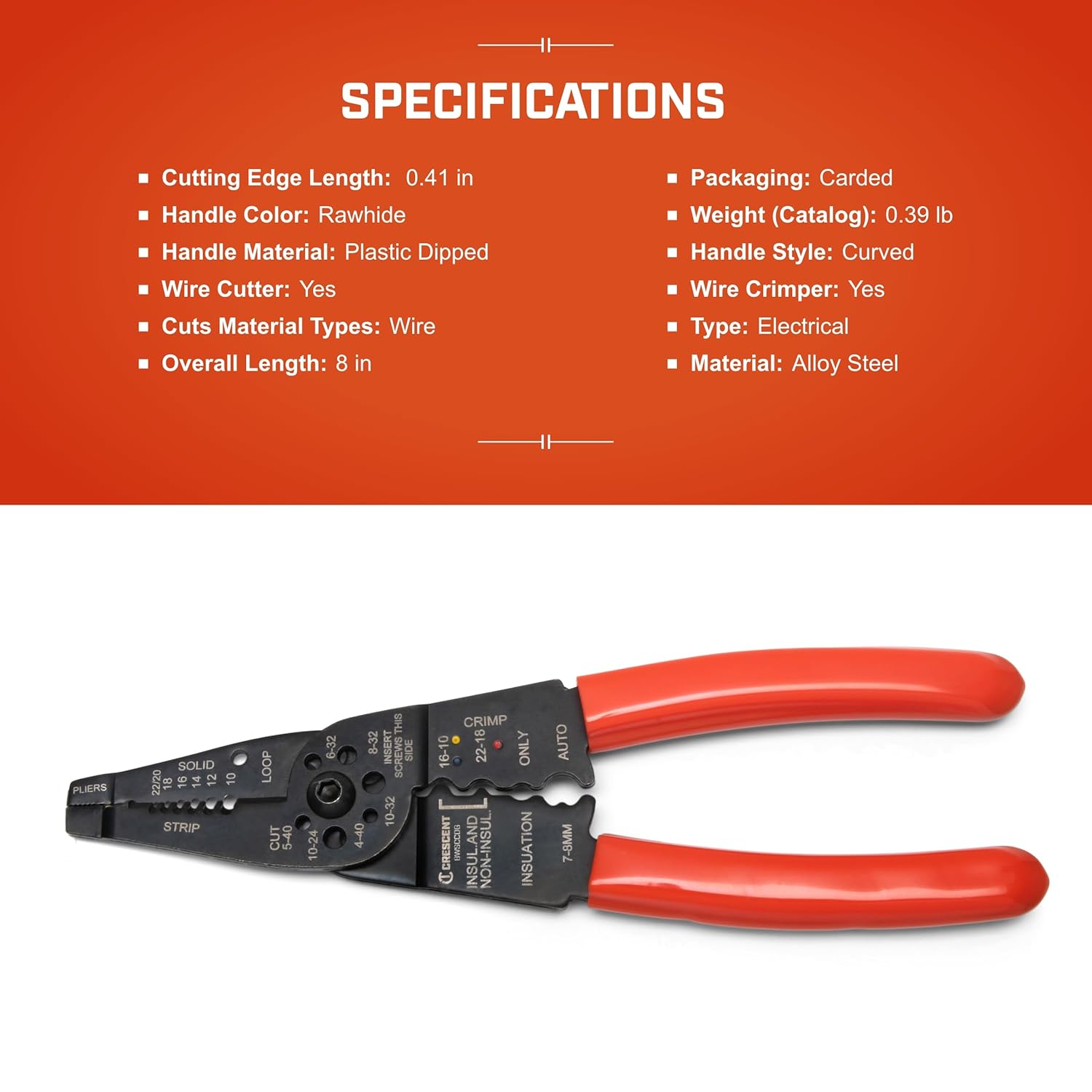 Crescent 8" Wire Stripper Crimper Cutter Dipped - 8WSCCDG