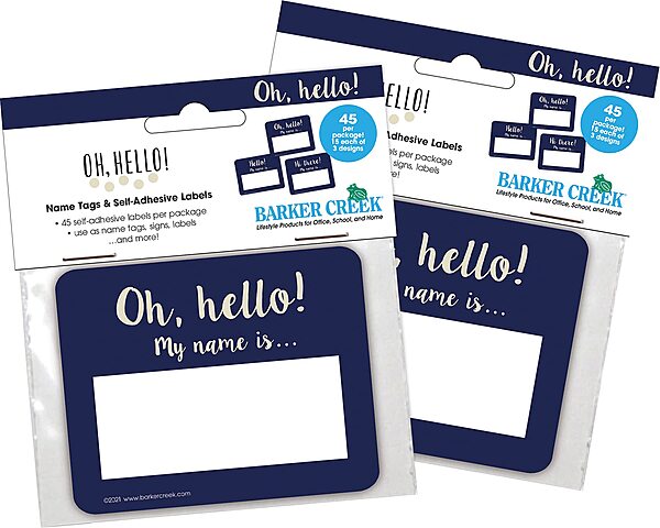 Barker Creek Oh Hello! Name Badges & Self-Adhesive Labels 2-Pack, Multi-Purpose Name Tags, Gift Tags, Labels, and More! 3.5" x 2.75", 90 per Pkg, (4323)