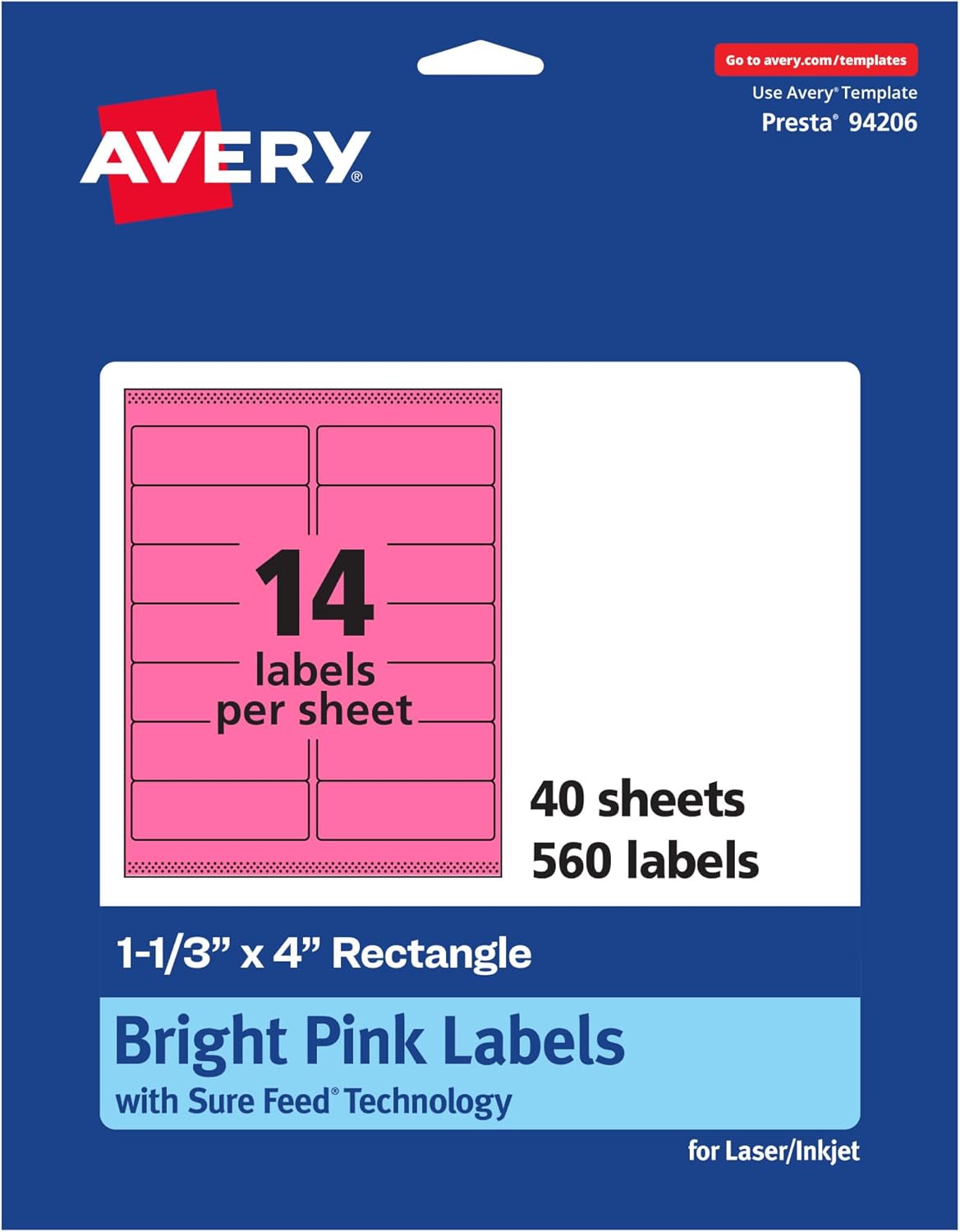 Avery Printable Rectangle Labels, Sure Feed Technology, 1-1/3" x 4", Bright Pink, Laser/Inkjet Printable