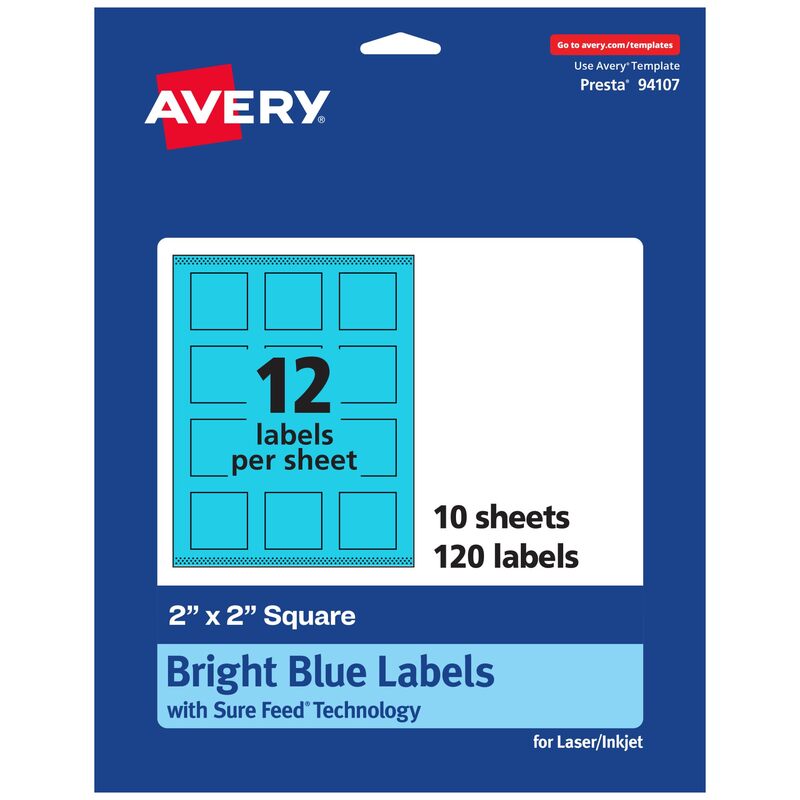 Avery Printable Square Labels, Sure Feed Technology, 2" x 2", Bright Blue, Print-to-The-Edge, Laser/Inkjet Printable