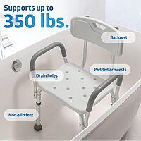 Medline Shower Chair for Inside Shower, Heavy Duty, 350 lb Capacity, Adjustable Height, Non-Slip Seat with Padded Armrests & Back, White