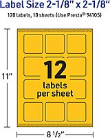 Avery Printable Square Labels, Sure Feed Technology, 2-1/8" x 2-1/8", Bright Yellow, Print-to-The-Edge
