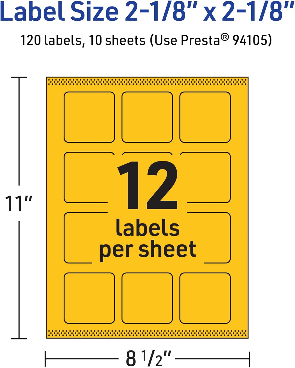 Avery Printable Square Labels, Sure Feed Technology, 2-1/8" x 2-1/8", Bright Yellow, Print-to-The-Edge