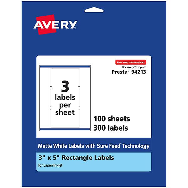 AVERY Matte White Rectangle Labels, Sure Feed Technology, 3" x 5"
