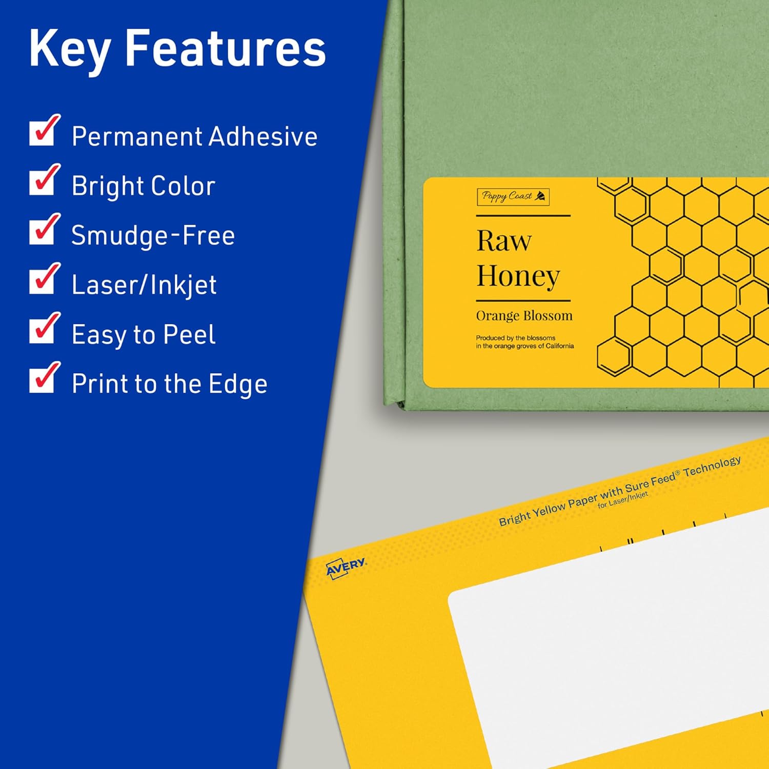 Avery Printable Rectangle Labels, Sure Feed Technology, 2" x 5", Bright Yellow, Pack of 40