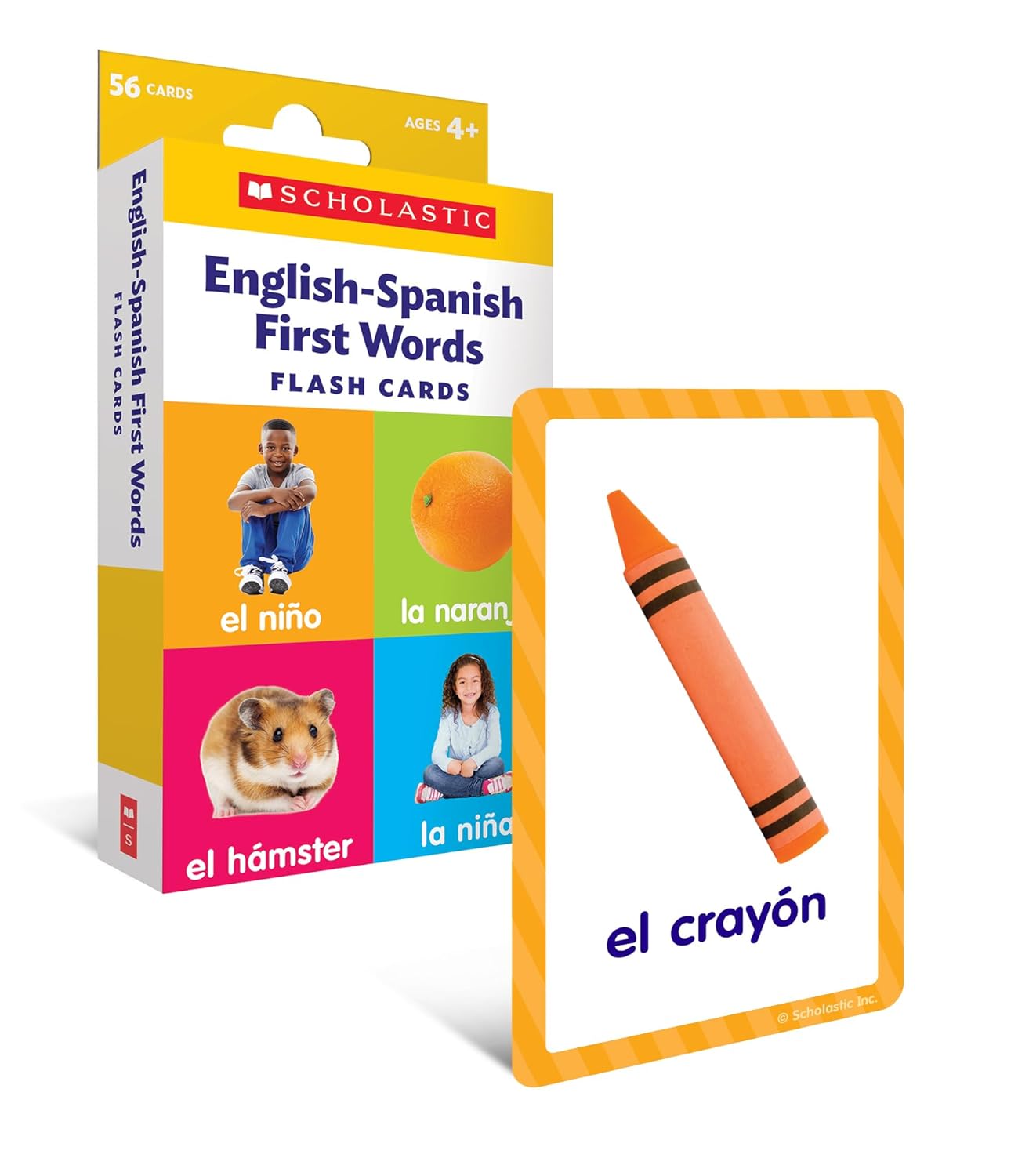 Scholastic English-Spanish First Words Flash Cards, 6-5/16inH x 3-7/16inW, Pre-K, Pack Of 56 Cards