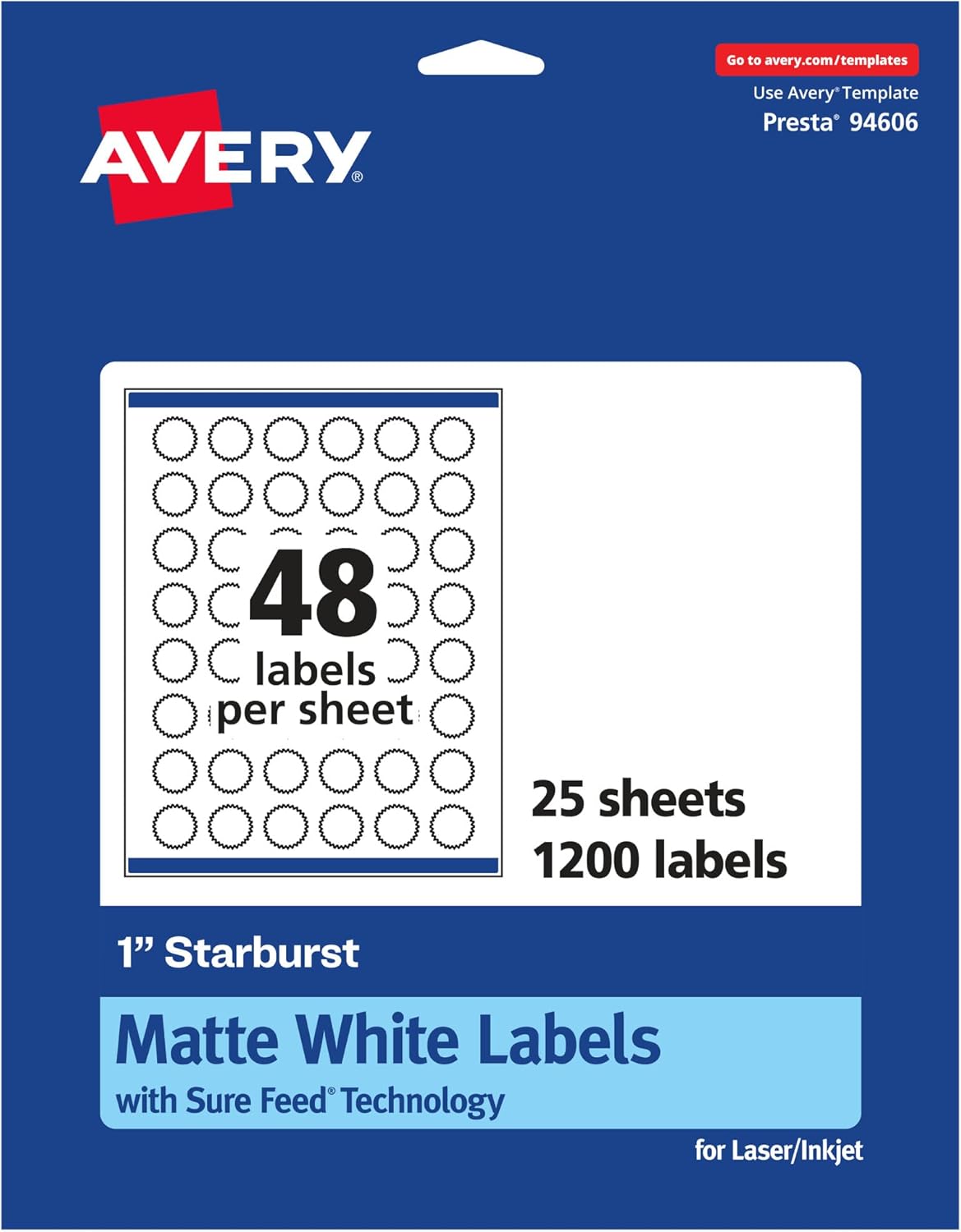 Avery Matte White Starburst Labels, Sure Feed Technology, 1"