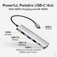 Plugable USB C Hub Multiport Adapter, 4 in 1, 100W Pass Through Charging, USB C to HDMI 4K 60Hz, Multi USB Port Hub for Windows, Mac, Ipad Pro, Chromebook, Thunderbolt (USBC-4IN1)