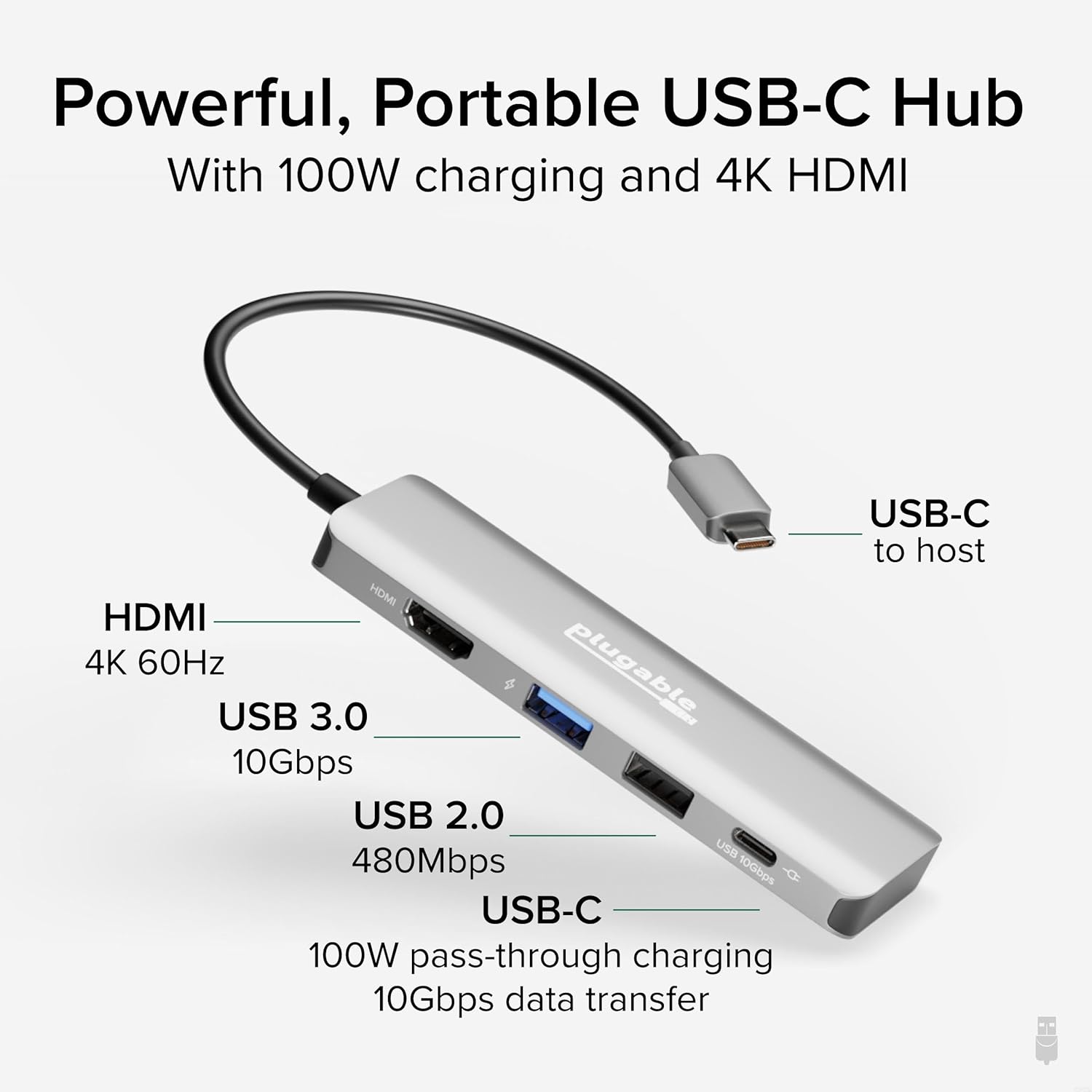 Plugable USB C Hub Multiport Adapter, 4 in 1, 100W Pass Through Charging, USB C to HDMI 4K 60Hz