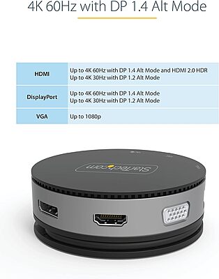 StarTech.com USB C Multiport Adapter - USB 3.1 Gen 2 10Gbps Type-C Mini Dock with 4K 60Hz HDMI/DisplayPort or 1080p VGA - 75W PD Passthrough, 3-Port USB Hub, GbE - Mobile Docking Station (DKT31CHDVCM)
