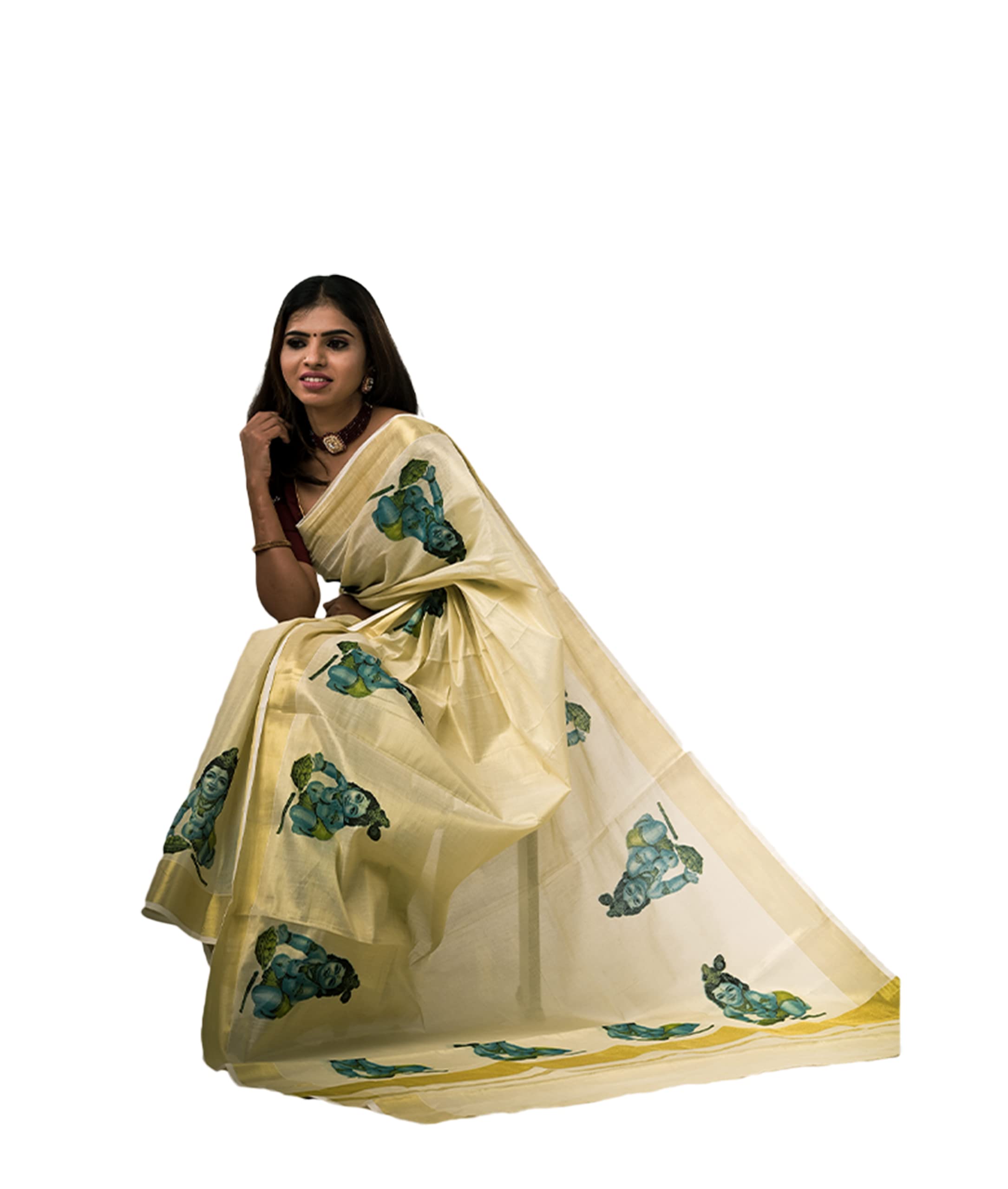 Kuthampully Kerala Kasavu Saree Tissue Mural Painted | Traditional South Indian Saree | Onam Saree - Multi Color KTM-620