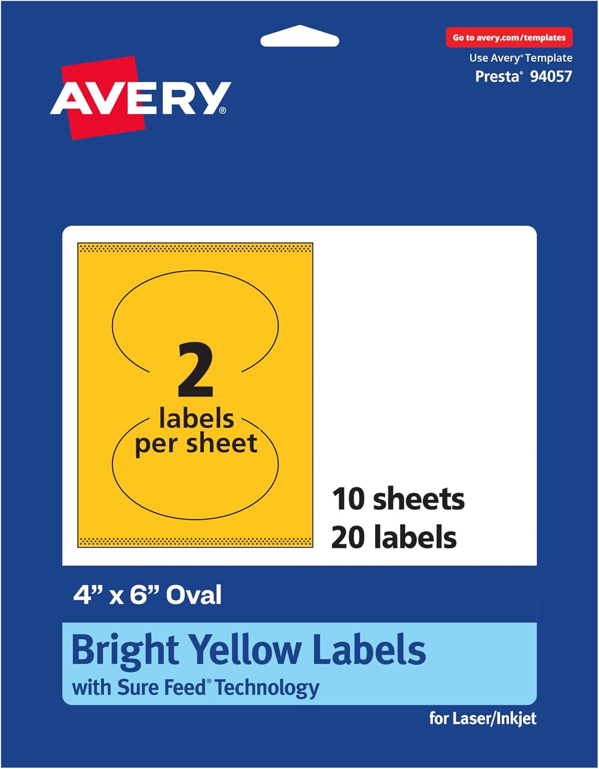 AVERY Printable Oval Labels, Sure Feed Technology, 4" x 6", Bright Yellow, Print-to-The-Edge, Laser/Inkjet