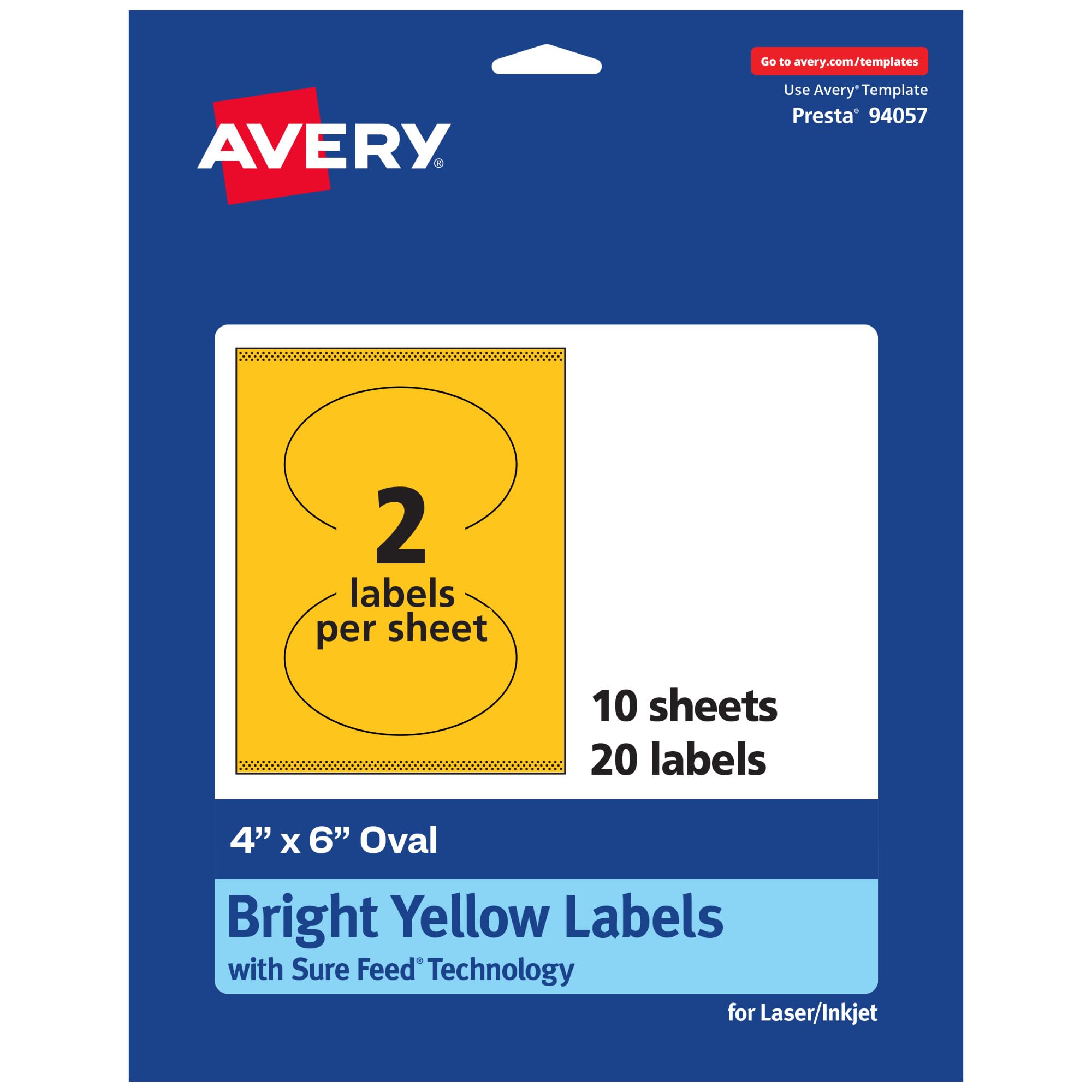 AVERY Printable Oval Labels, Sure Feed Technology, 4" x 6", Bright Yellow, Print-to-The-Edge, Laser/Inkjet