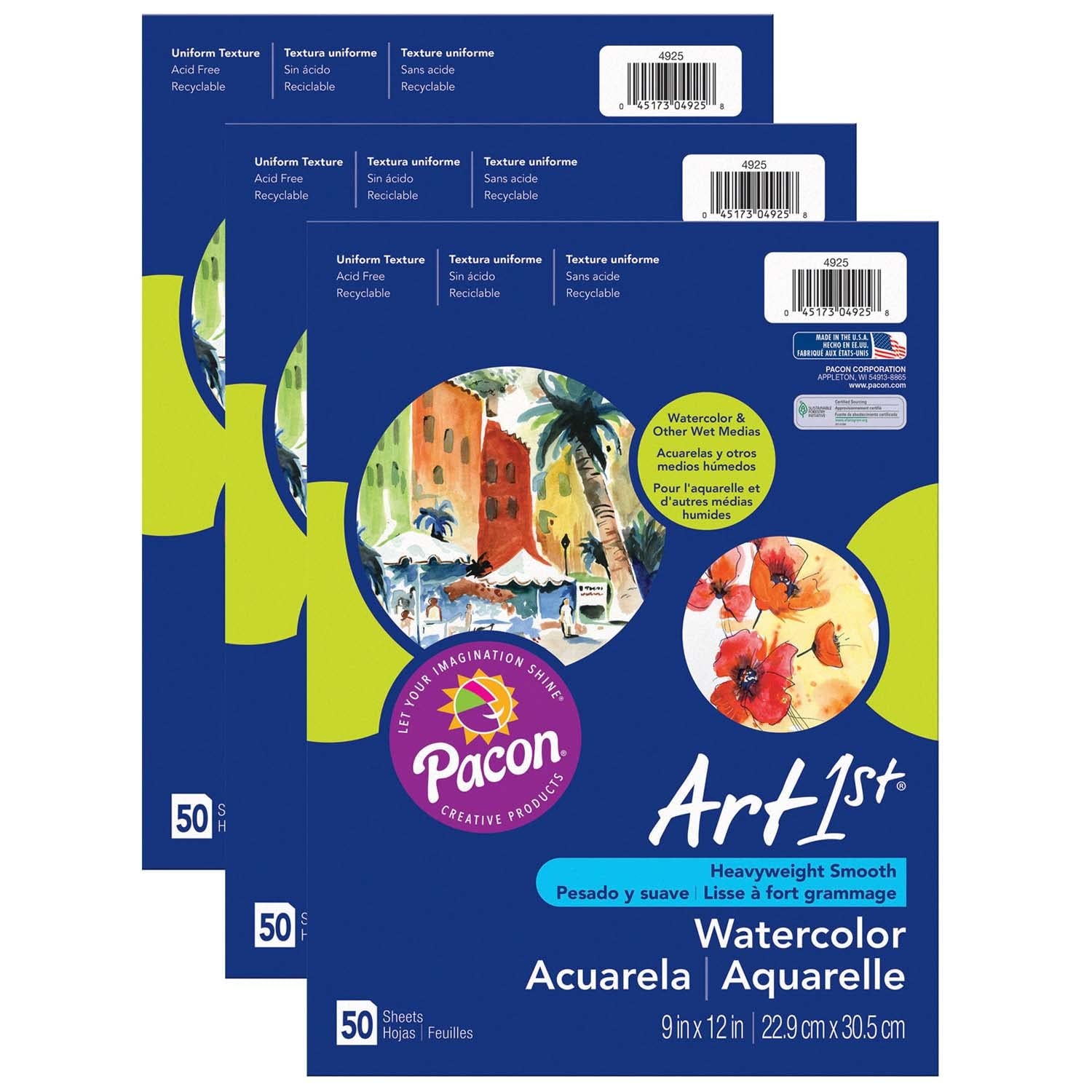 Pacon UCREATE Watercolor Paper, 9 x 12 in, 90 lb — 3 Pack (150 Sheets) (PAC4925-3)