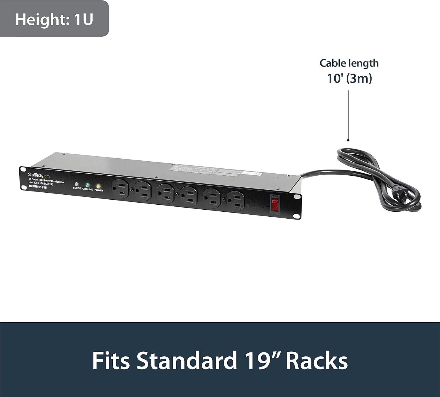StarTech.com 16 Outlet Horizontal 1U Rack Mount PDU Power Strip for Network Server Racks - Surge Protection - 120V/15A
