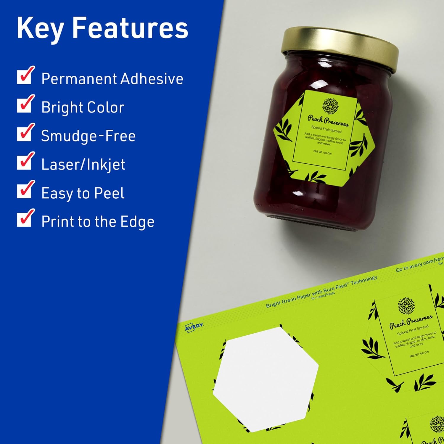 Avery Printable Hexagon Labels, Sure Feed Technology, 2-1/2" x 2-57/64", Bright Green Labels, Print-to-The-Edge