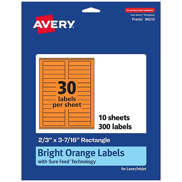 Avery Printable Rectangle Labels, Sure Feed Technology, 2/3" x 3-7/16", Bright Orange Labels, Laser/Inkjet Printable
