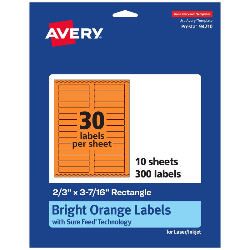 Avery Printable Rectangle Labels, Sure Feed Technology, 2/3" x 3-7/16", Bright Orange Labels, Laser/Inkjet Printable