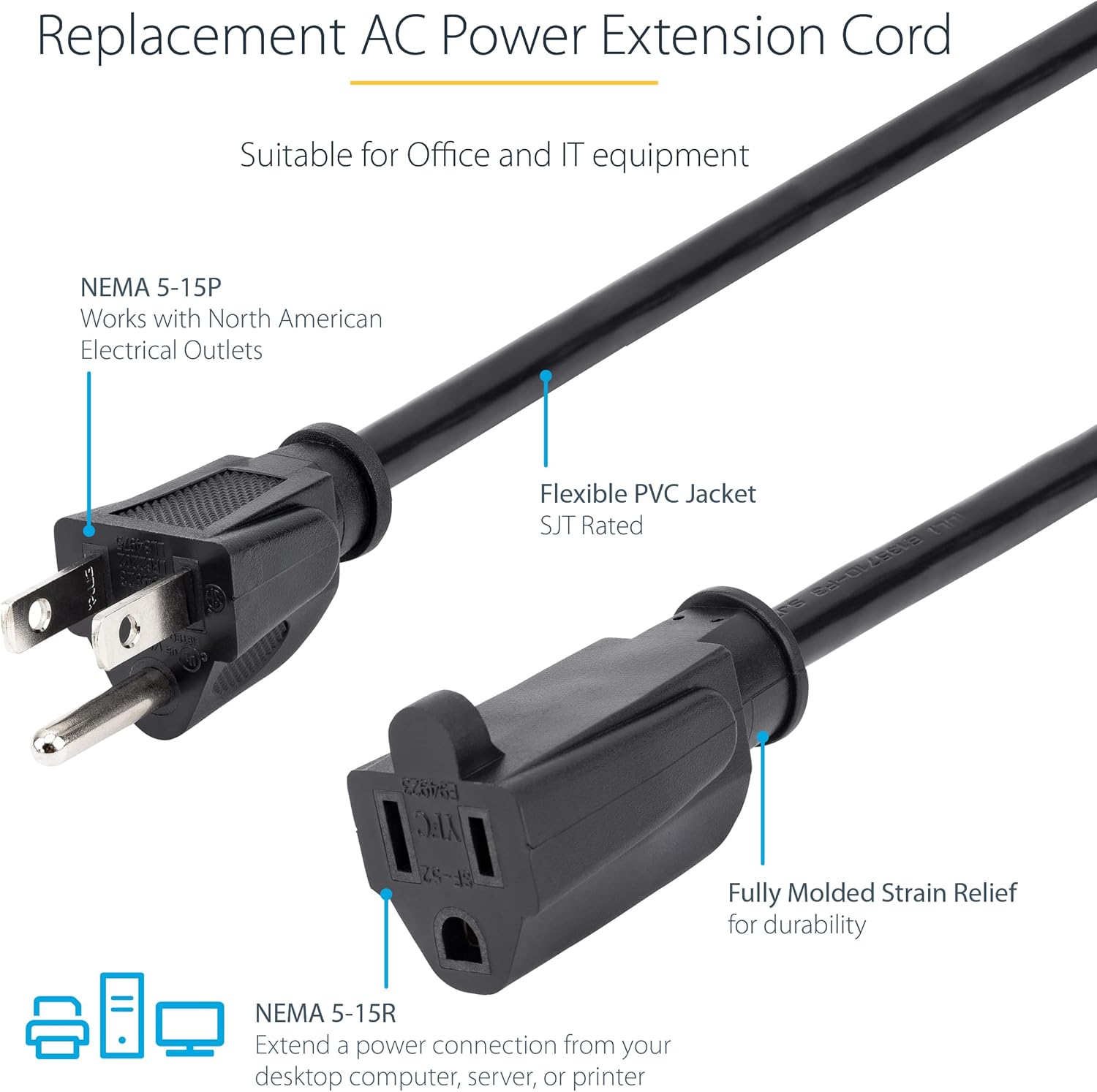 StarTech.com Power Extension Cord NEMA 5-15R to NEMA 5-15P