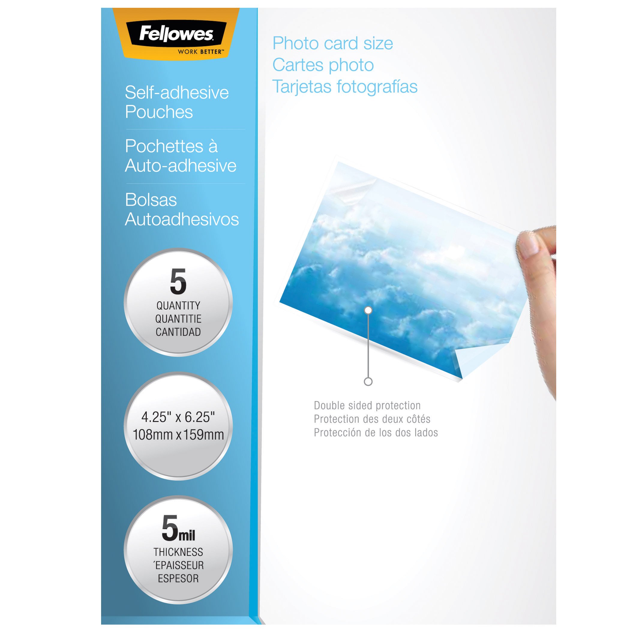 Fellowes Self-Adhesive Pouches - Photo, 5mil, 5 pack - Laminating Pouch/Sheet Size: 6.25inx 5 mil Thickness - Type G