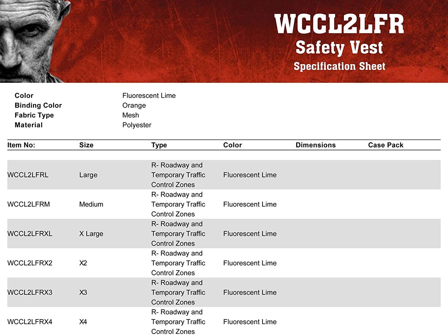 MCR Safety WCCL2 Class 2 Polyester Mesh Flame Resistant Safety Vest, Fluorescent Lime