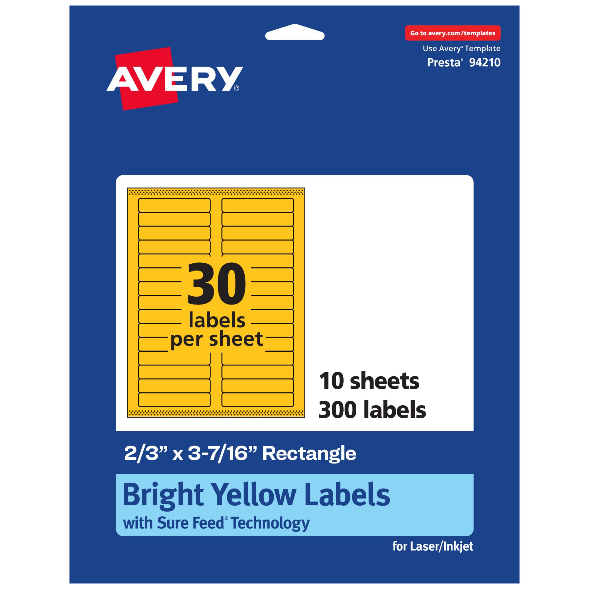 Avery Printable Rectangle Labels, Sure Feed Technology, 2/3" x 3-7/16", Bright Yellow, Laser/Inkjet Compatible