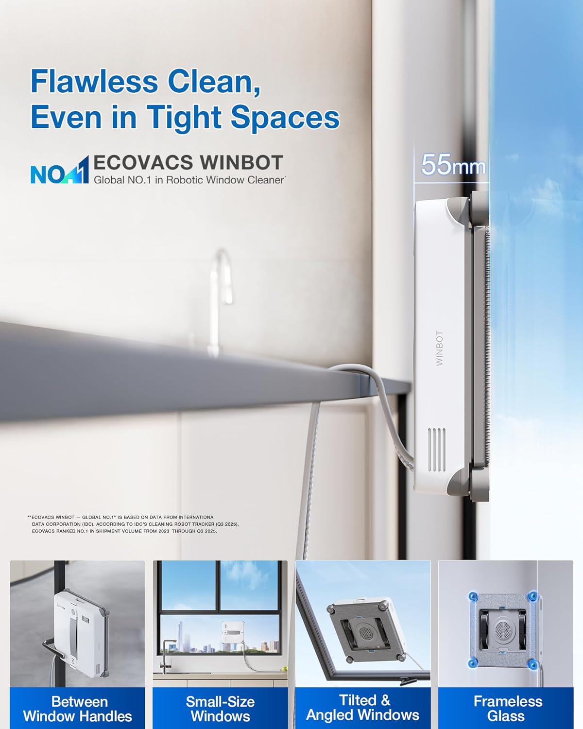 WINBOT mini 2 Automated Window Cleaner - 8000Pa Suction , 30-Minute Power-Off Protection